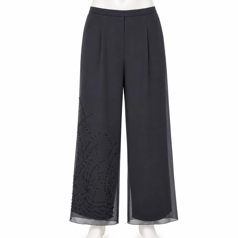Dressbarn Beaded Wide Leg Pants Size 10 Black Chiffon Overlay Evening Front Slit